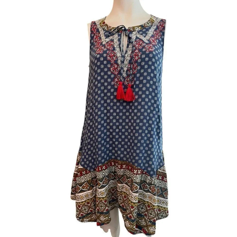 THML Small Shift Dress Sleeveless Tassel Floral Ruffles Boho Embroidery Sundress